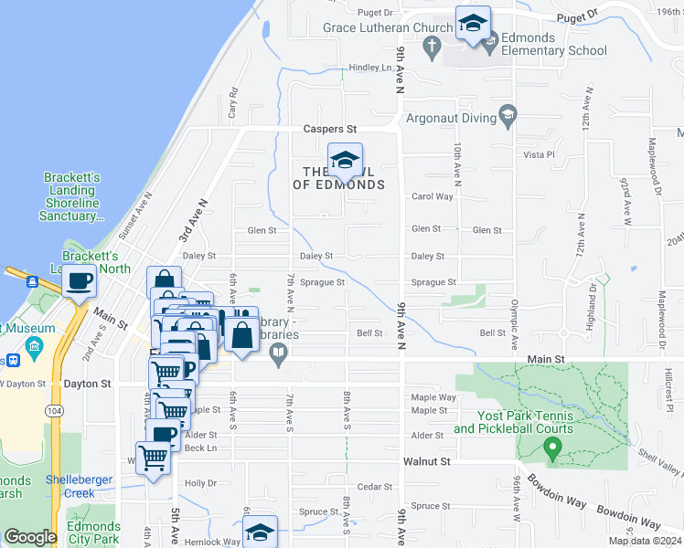 map of restaurants, bars, coffee shops, grocery stores, and more near 757 Sprague Street in Edmonds