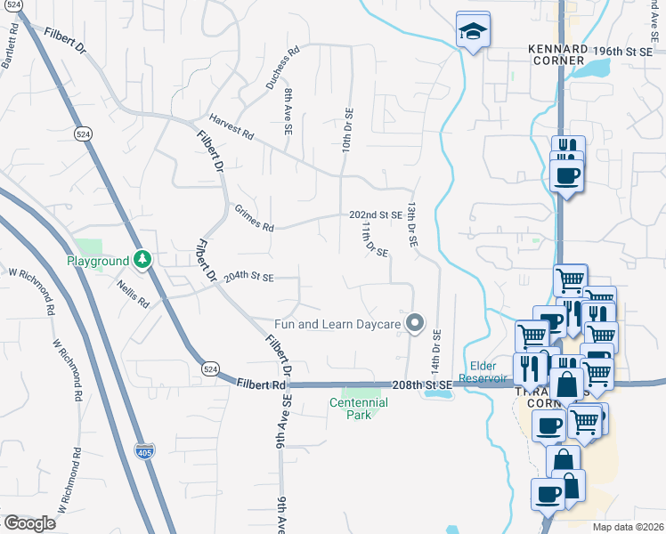 map of restaurants, bars, coffee shops, grocery stores, and more near 1102 204th Place Southeast in Bothell