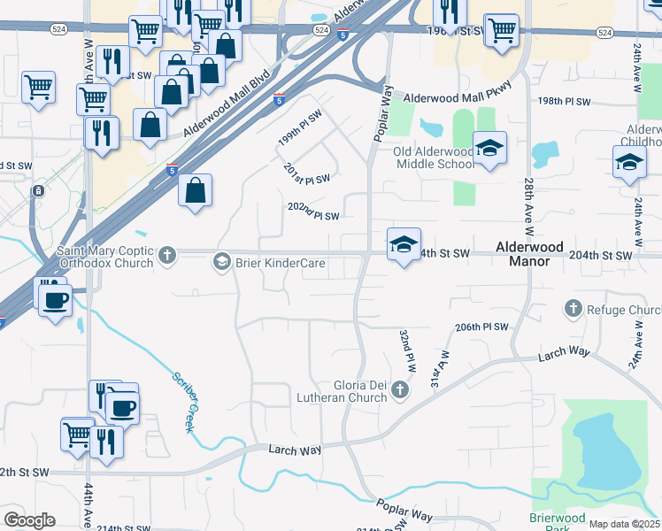 map of restaurants, bars, coffee shops, grocery stores, and more near 3415 205th Place Southwest in Lynnwood