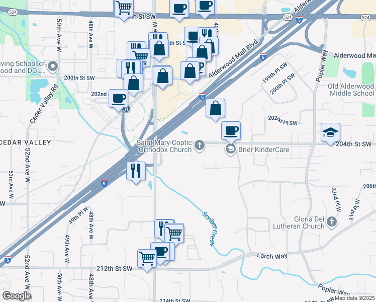 map of restaurants, bars, coffee shops, grocery stores, and more near 4111 205th Place Southwest in Lynnwood