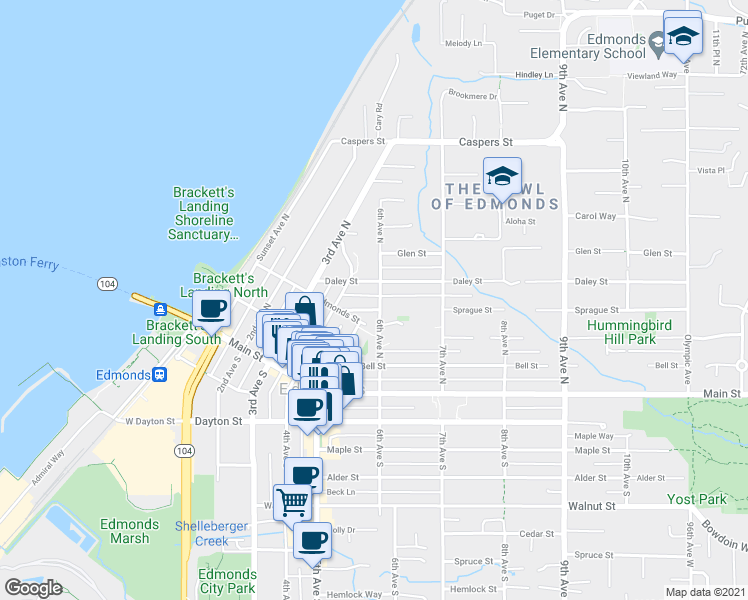 map of restaurants, bars, coffee shops, grocery stores, and more near 310 6th Avenue North in Edmonds