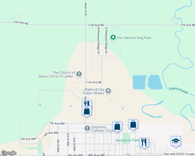 map of restaurants, bars, coffee shops, grocery stores, and more near 210 11th Avenue Northeast in Watford City