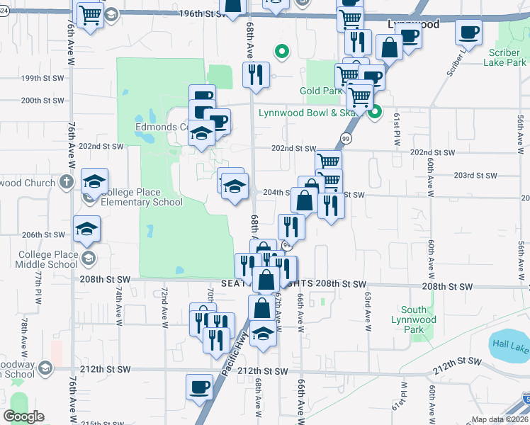 map of restaurants, bars, coffee shops, grocery stores, and more near 20427 68th Avenue West in Lynnwood