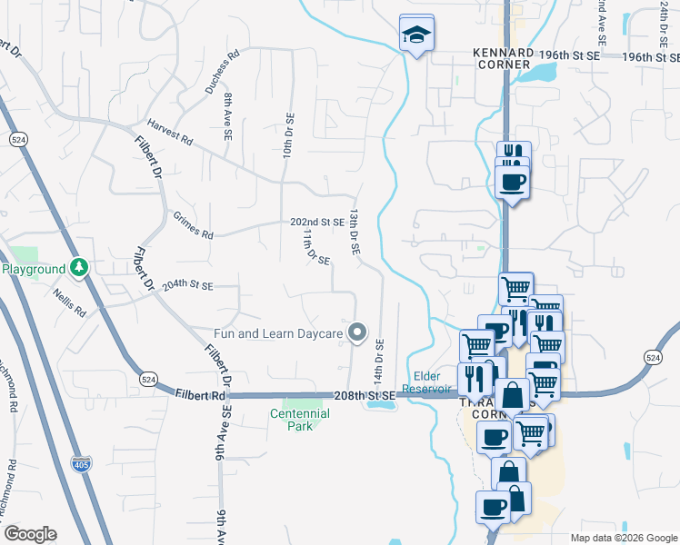 map of restaurants, bars, coffee shops, grocery stores, and more near 20232 13th Drive Southeast in Bothell