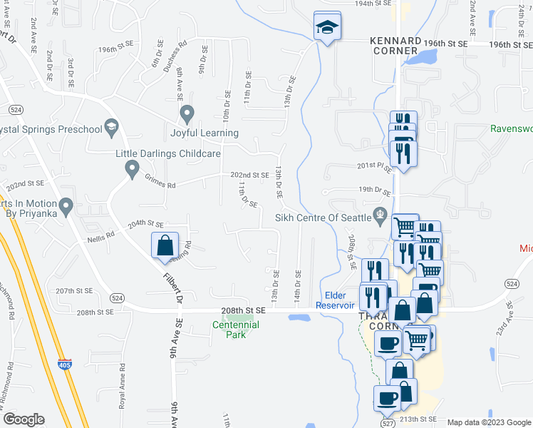 map of restaurants, bars, coffee shops, grocery stores, and more near 20232 13th Drive Southeast in Bothell