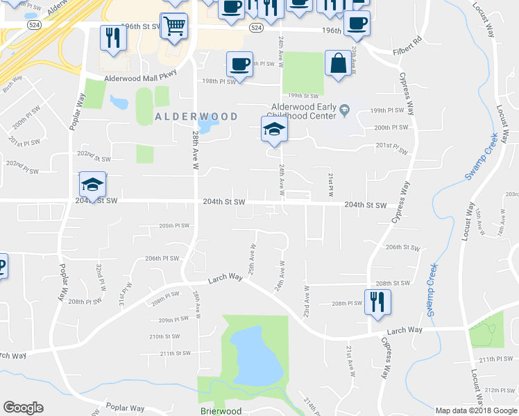 map of restaurants, bars, coffee shops, grocery stores, and more near 20325 24th Place West in Lynnwood