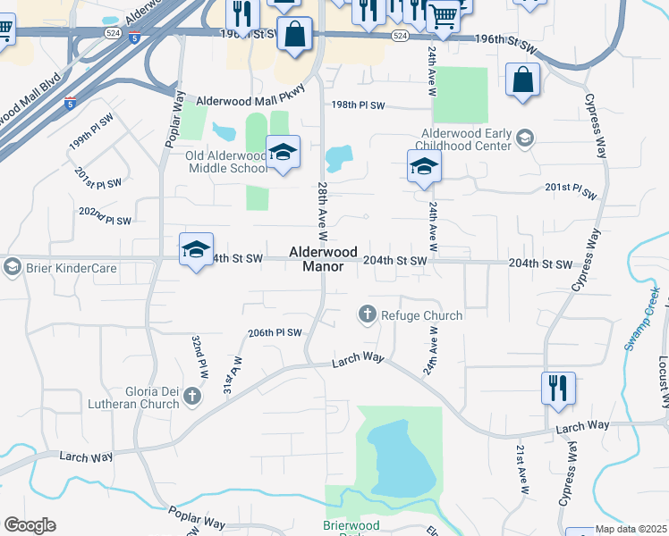 map of restaurants, bars, coffee shops, grocery stores, and more near in Alderwood Manor
