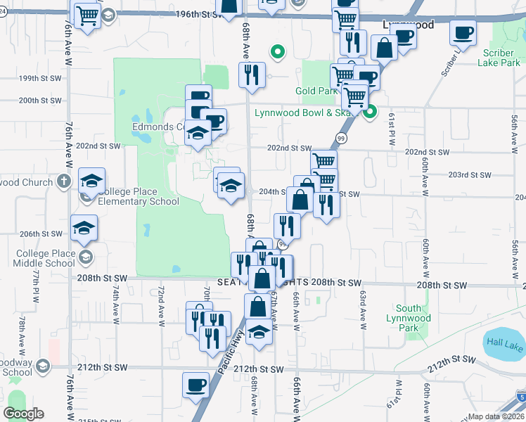 map of restaurants, bars, coffee shops, grocery stores, and more near 6625 204th Street Southwest in Lynnwood