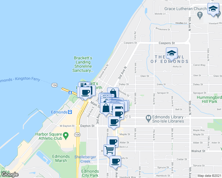 map of restaurants, bars, coffee shops, grocery stores, and more near 121 2nd Avenue North in Edmonds