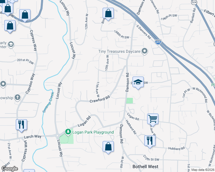 map of restaurants, bars, coffee shops, grocery stores, and more near 1006 203rd Place Southwest in Lynnwood