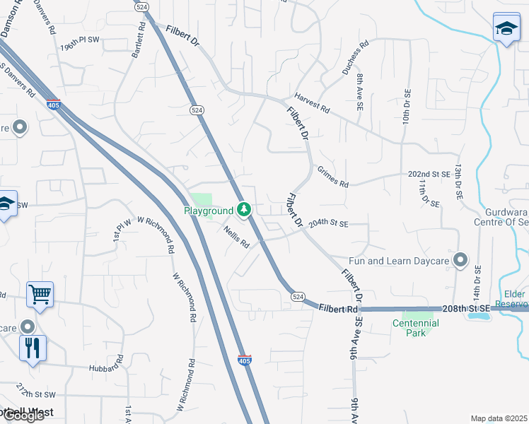 map of restaurants, bars, coffee shops, grocery stores, and more near 314 203rd Street Southeast in Bothell