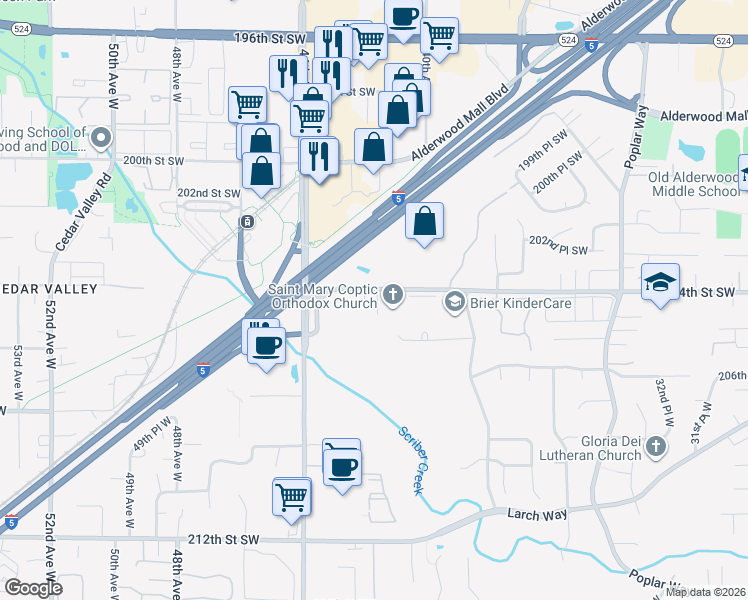 map of restaurants, bars, coffee shops, grocery stores, and more near 20410 41st Place West in Lynnwood