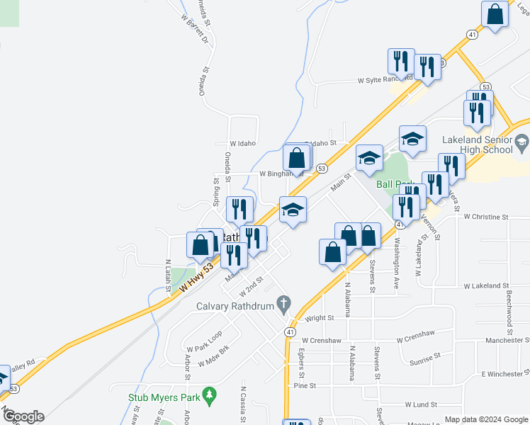 map of restaurants, bars, coffee shops, grocery stores, and more near 7938 Logan Street in Rathdrum