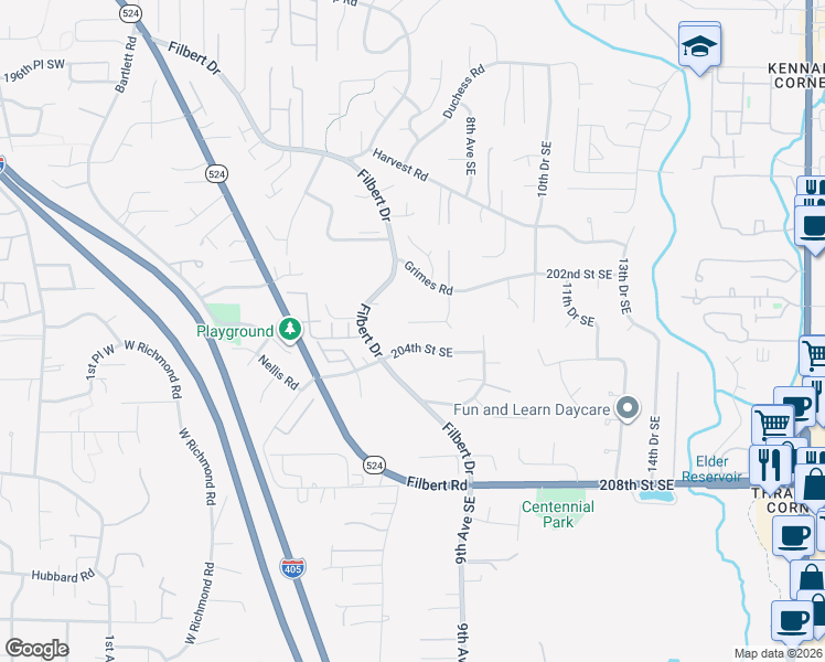 map of restaurants, bars, coffee shops, grocery stores, and more near 615 203rd Street Southeast in Bothell