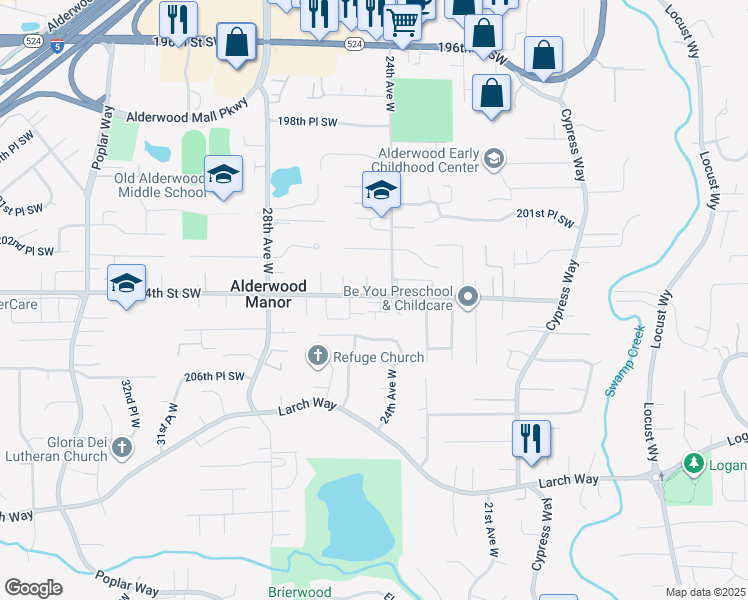 map of restaurants, bars, coffee shops, grocery stores, and more near 20325 24th Place West in Lynnwood