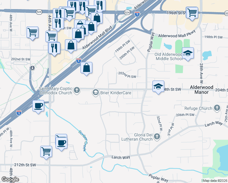map of restaurants, bars, coffee shops, grocery stores, and more near 3716 203rd Place Southwest in Lynnwood