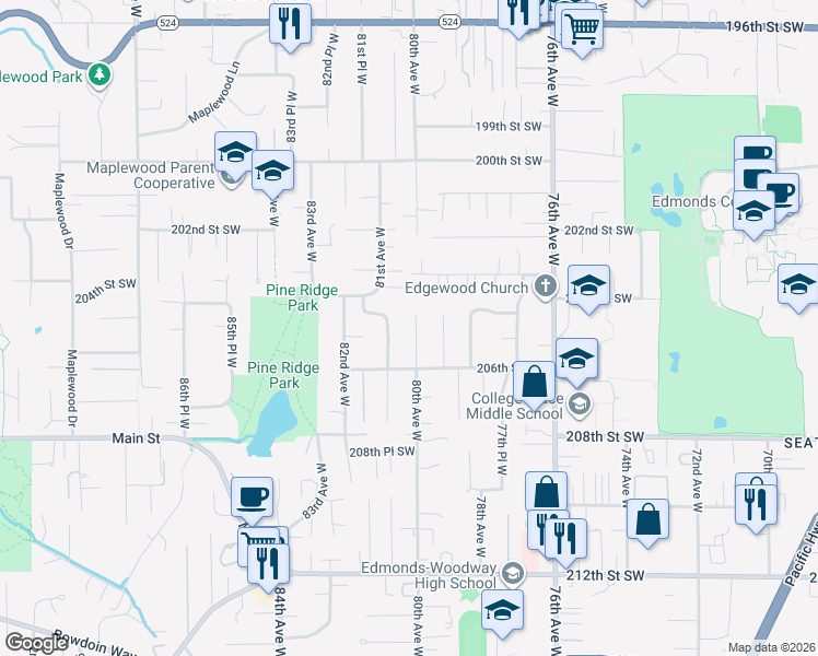 map of restaurants, bars, coffee shops, grocery stores, and more near 20410 80th Avenue West in Edmonds