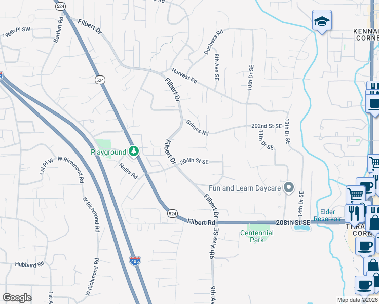 map of restaurants, bars, coffee shops, grocery stores, and more near 615 203rd Street Southeast in Bothell