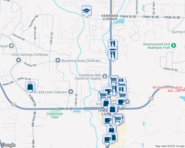 map of restaurants, bars, coffee shops, grocery stores, and more near 20222 19th Drive Southeast in Bothell