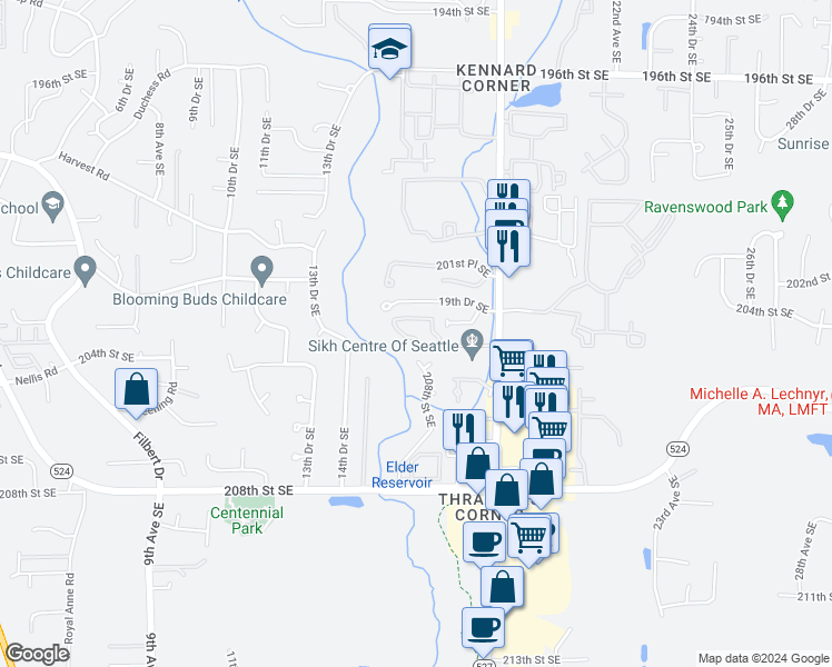 map of restaurants, bars, coffee shops, grocery stores, and more near 20222 19th Drive Southeast in Bothell