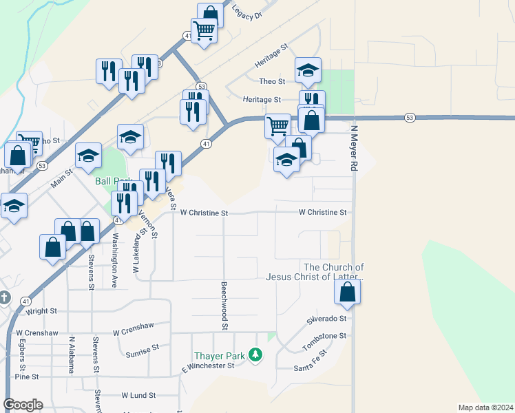 map of restaurants, bars, coffee shops, grocery stores, and more near 6861 Christine Street in Rathdrum