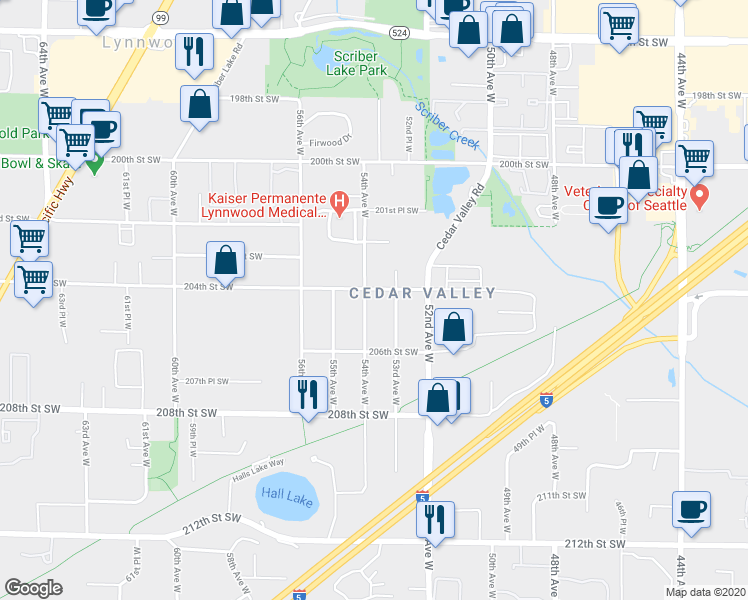 map of restaurants, bars, coffee shops, grocery stores, and more near 5327 204th Street Southwest in Lynnwood