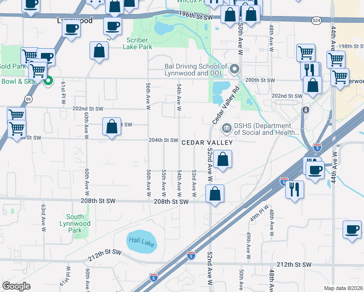 map of restaurants, bars, coffee shops, grocery stores, and more near 5327 204th Street Southwest in Lynnwood