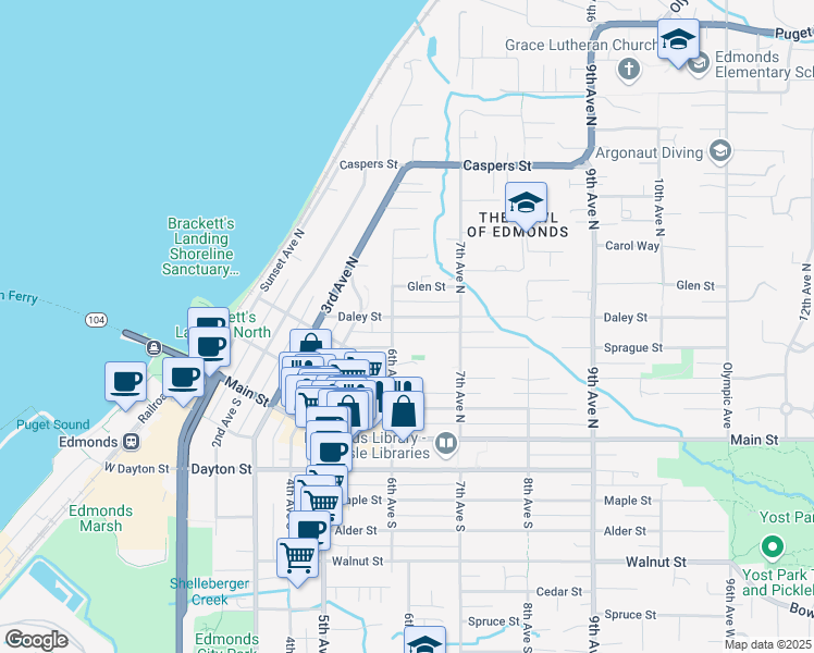 map of restaurants, bars, coffee shops, grocery stores, and more near 600 6th Avenue North in Edmonds