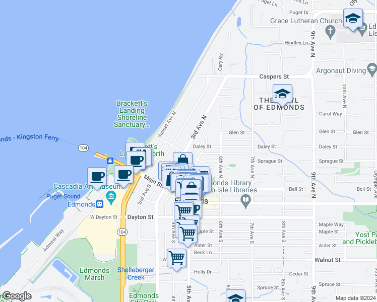 map of restaurants, bars, coffee shops, grocery stores, and more near 388 3rd Avenue North in Edmonds