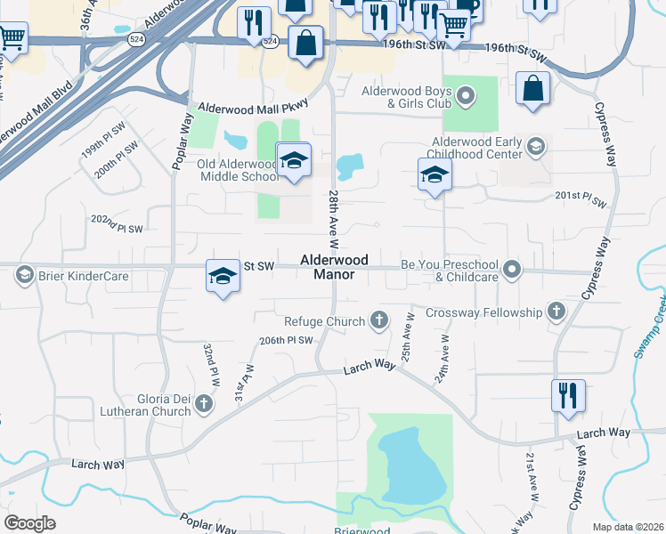 map of restaurants, bars, coffee shops, grocery stores, and more near in Alderwood Manor