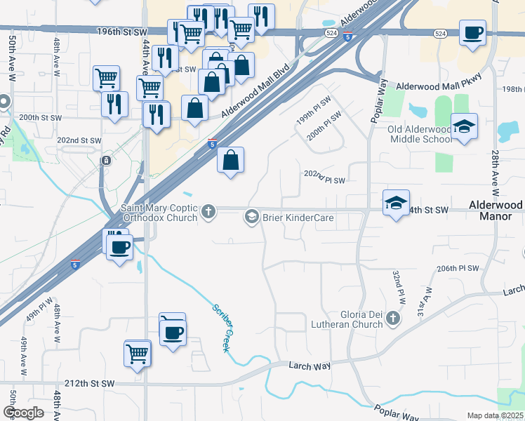 map of restaurants, bars, coffee shops, grocery stores, and more near 3803 204th Street Southwest in Lynnwood