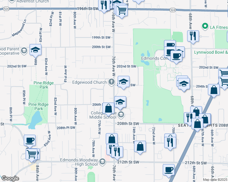 map of restaurants, bars, coffee shops, grocery stores, and more near 20401 76th Avenue West in Lynnwood