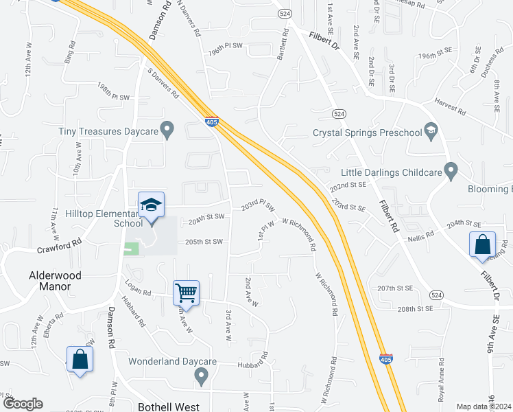 map of restaurants, bars, coffee shops, grocery stores, and more near 130 203rd Place Southwest in Lynnwood