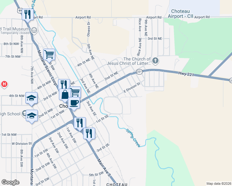 map of restaurants, bars, coffee shops, grocery stores, and more near 25 5th Lane Northwest in Choteau