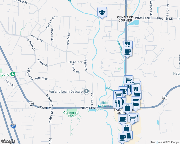 map of restaurants, bars, coffee shops, grocery stores, and more near 20233 13th Drive Southeast in Bothell