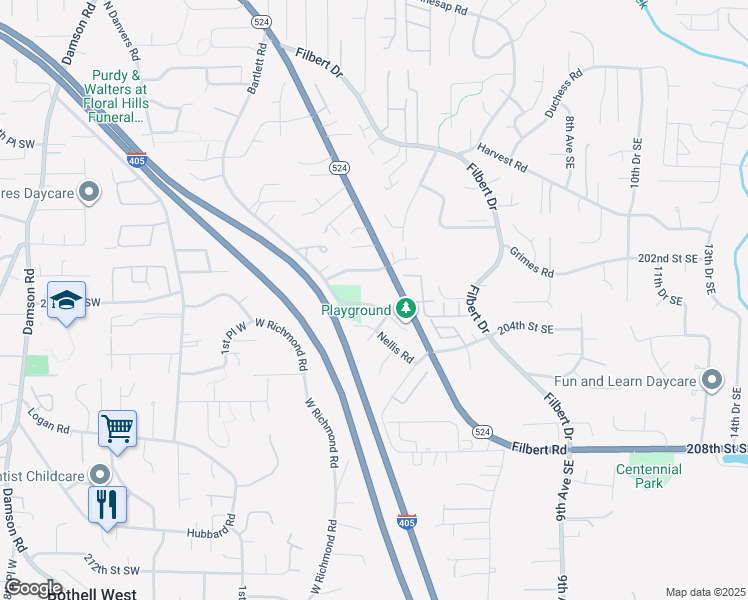 map of restaurants, bars, coffee shops, grocery stores, and more near 115 203rd Street Southeast in Bothell