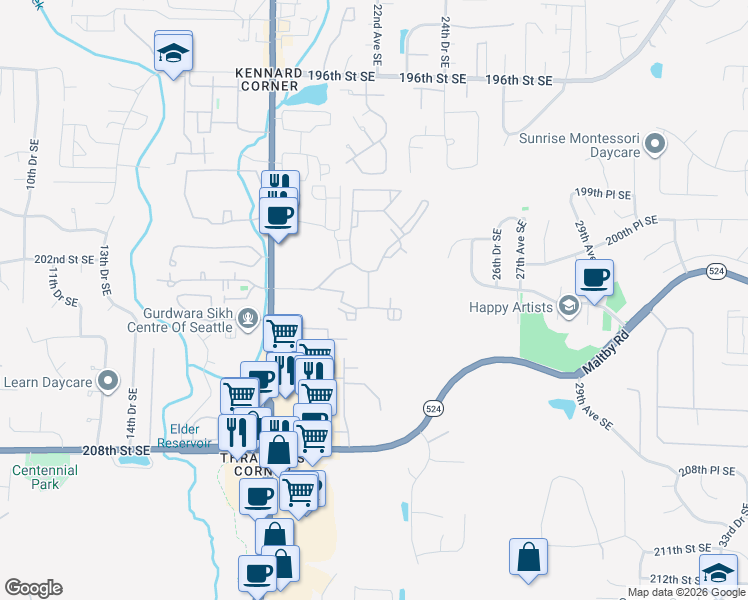map of restaurants, bars, coffee shops, grocery stores, and more near 20225 Bothell Everett Highway in Bothell