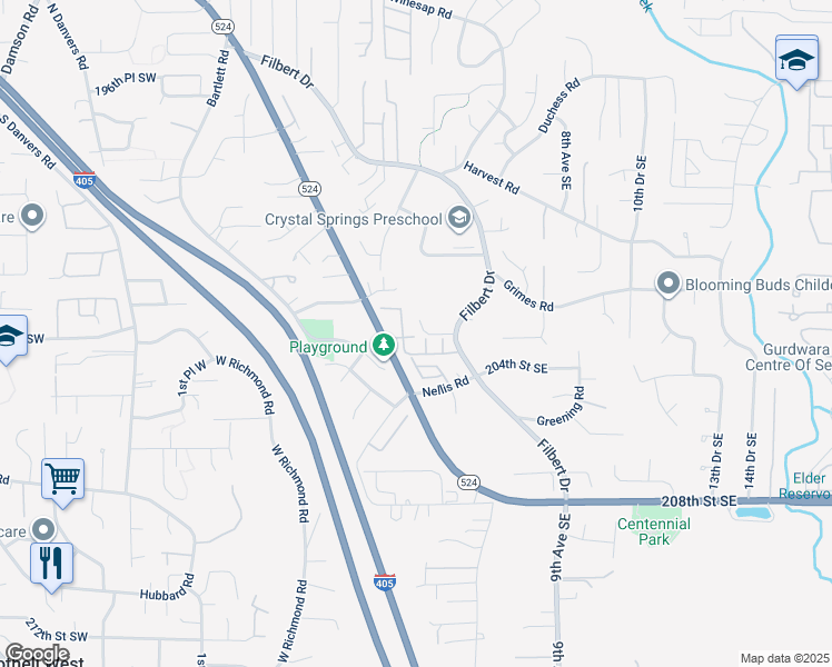 map of restaurants, bars, coffee shops, grocery stores, and more near 314 203rd Street Southeast in Bothell