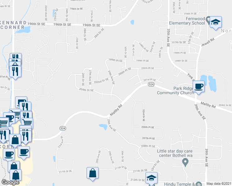 map of restaurants, bars, coffee shops, grocery stores, and more near 2919 204th Street Southeast in Bothell