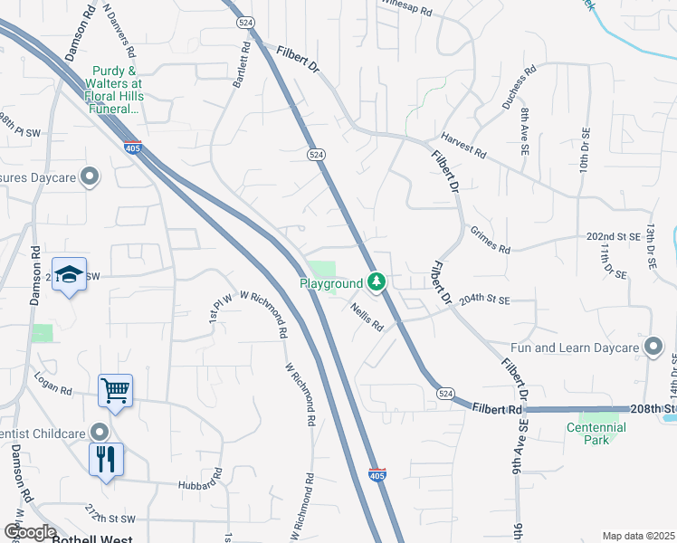 map of restaurants, bars, coffee shops, grocery stores, and more near 115 203rd Street Southeast in Bothell