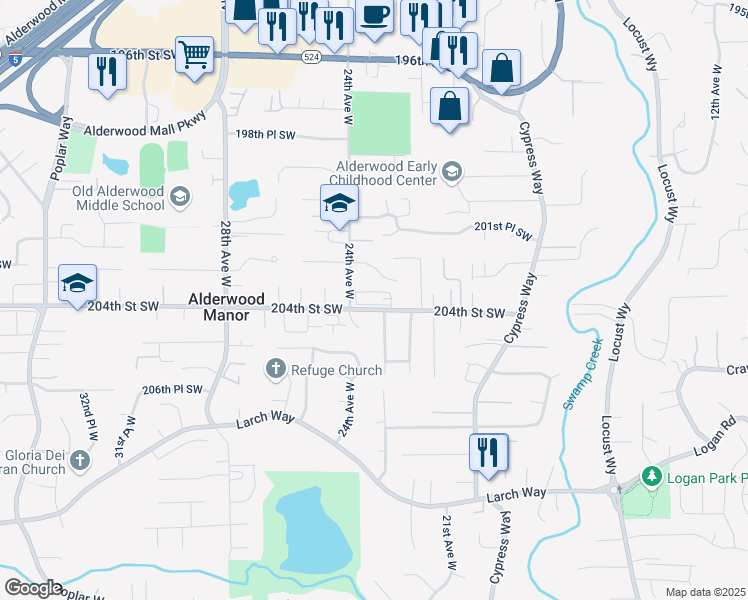 map of restaurants, bars, coffee shops, grocery stores, and more near 20305 24th Avenue West in Lynnwood