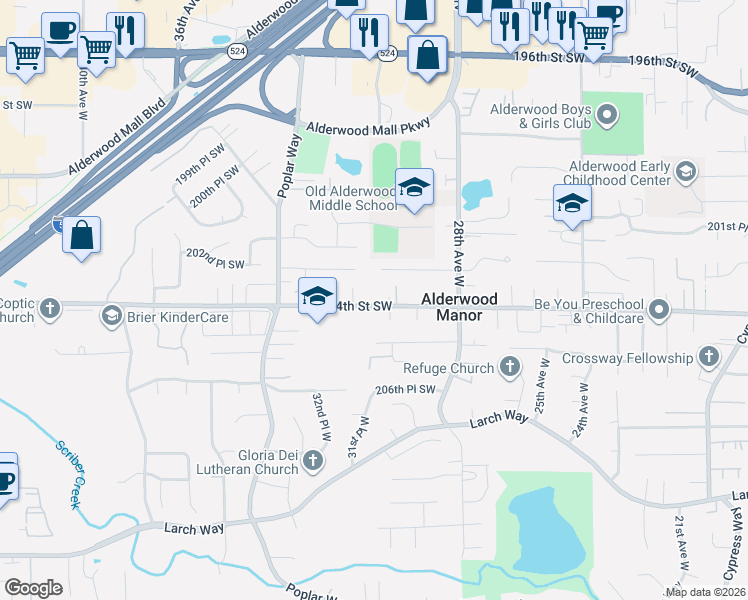 map of restaurants, bars, coffee shops, grocery stores, and more near 3003 204th Street Southwest in Lynnwood