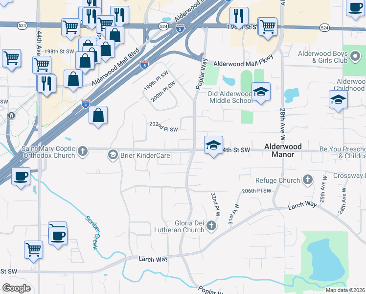 map of restaurants, bars, coffee shops, grocery stores, and more near 3331 204th Street Southwest in Lynnwood