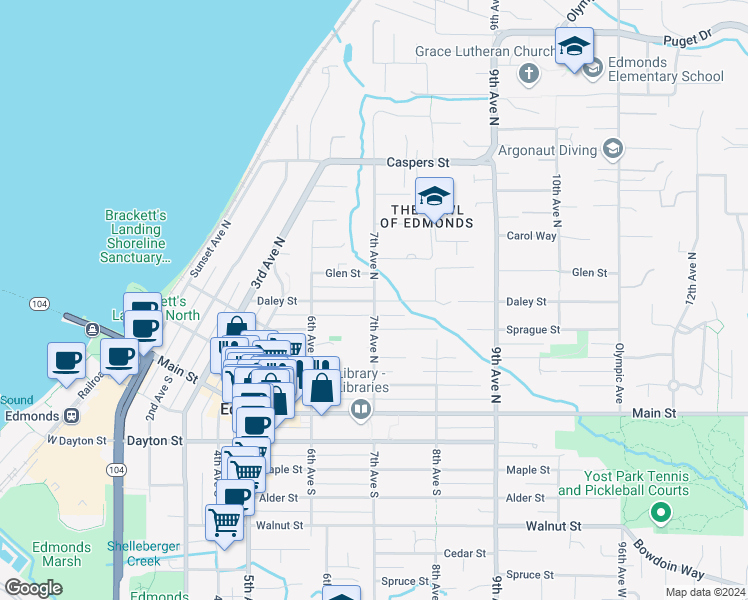 map of restaurants, bars, coffee shops, grocery stores, and more near 717 Daley Street in Edmonds