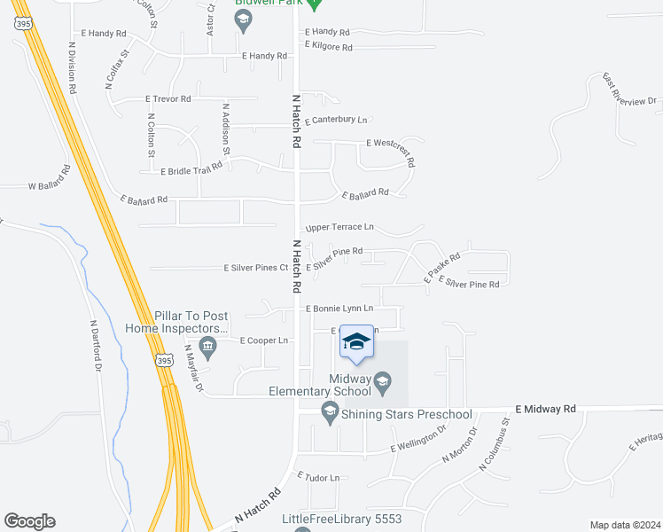 map of restaurants, bars, coffee shops, grocery stores, and more near 702 East Silver Pine Road in Colbert