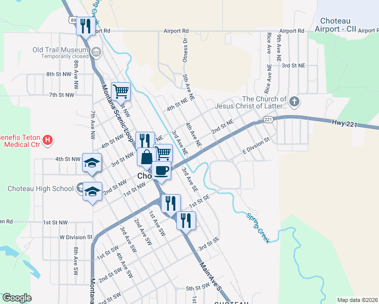 map of restaurants, bars, coffee shops, grocery stores, and more near in Choteau