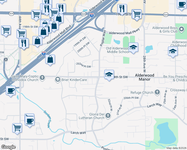 map of restaurants, bars, coffee shops, grocery stores, and more near 3331 204th Street Southwest in Lynnwood