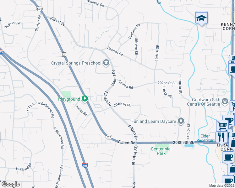 map of restaurants, bars, coffee shops, grocery stores, and more near 615 203rd Street Southeast in Bothell