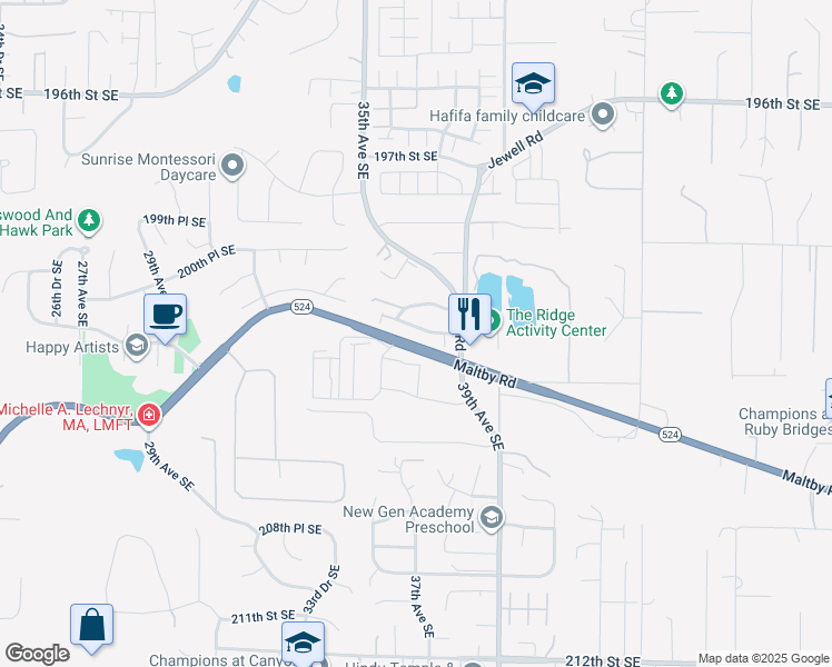 map of restaurants, bars, coffee shops, grocery stores, and more near 3624 202nd Place South East in Bothell