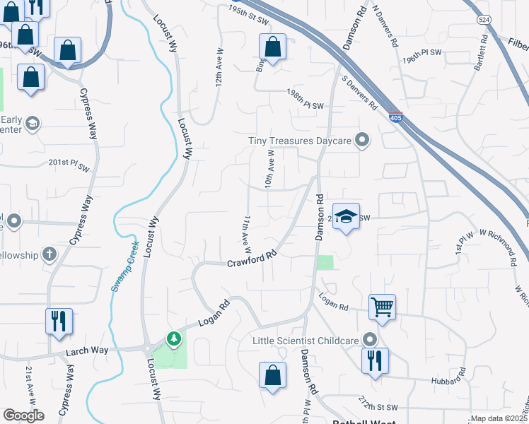 map of restaurants, bars, coffee shops, grocery stores, and more near 1006 203rd Place Southwest in Lynnwood